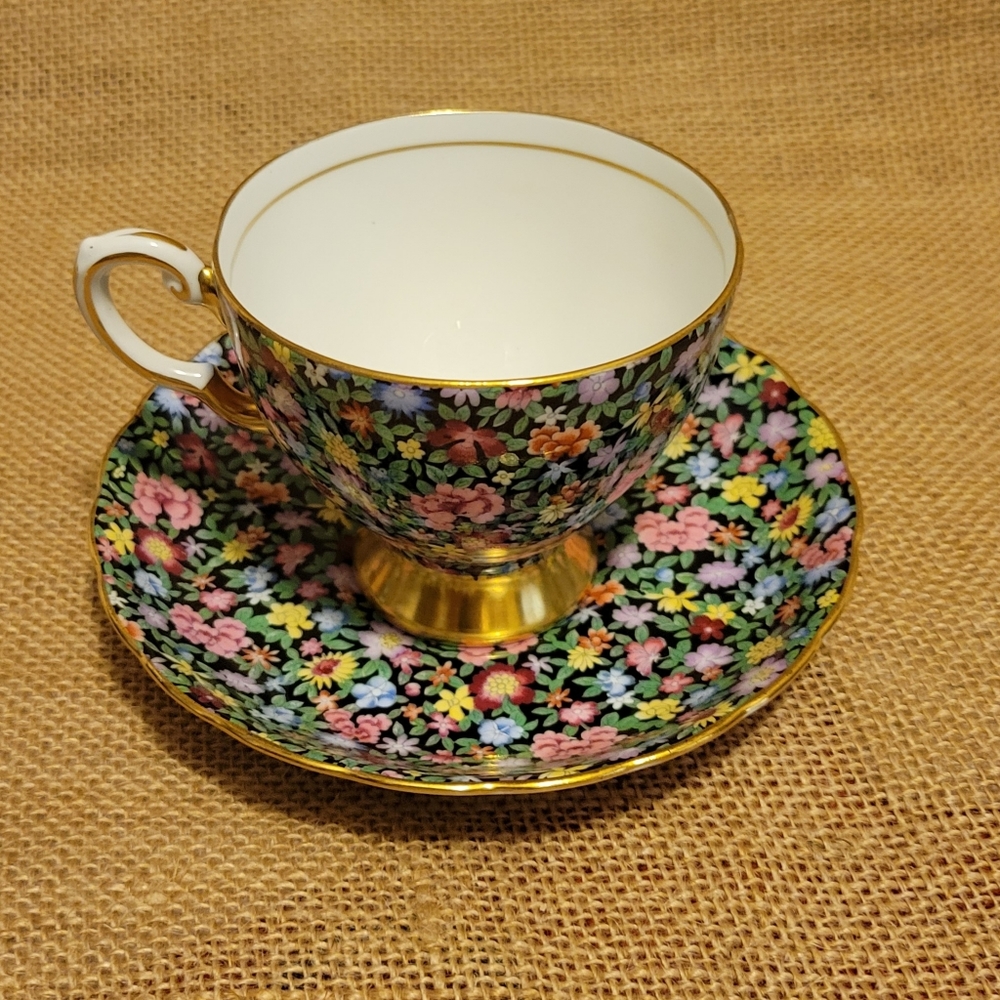TUSCAN England Bone China MILLE FLEURS Black Chintz Set Footed Cup&Saucer #C9529